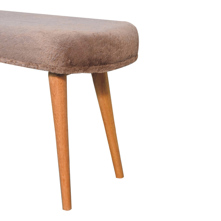 Solid Wood Faux Fur Fabric Bench, Upholstered, Nordic Legs, Mocha and Brown