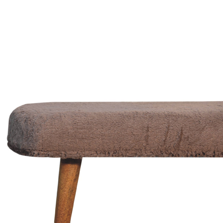 Solid Wood Faux Fur Fabric Bench, Upholstered, Nordic Legs, Mocha and Brown