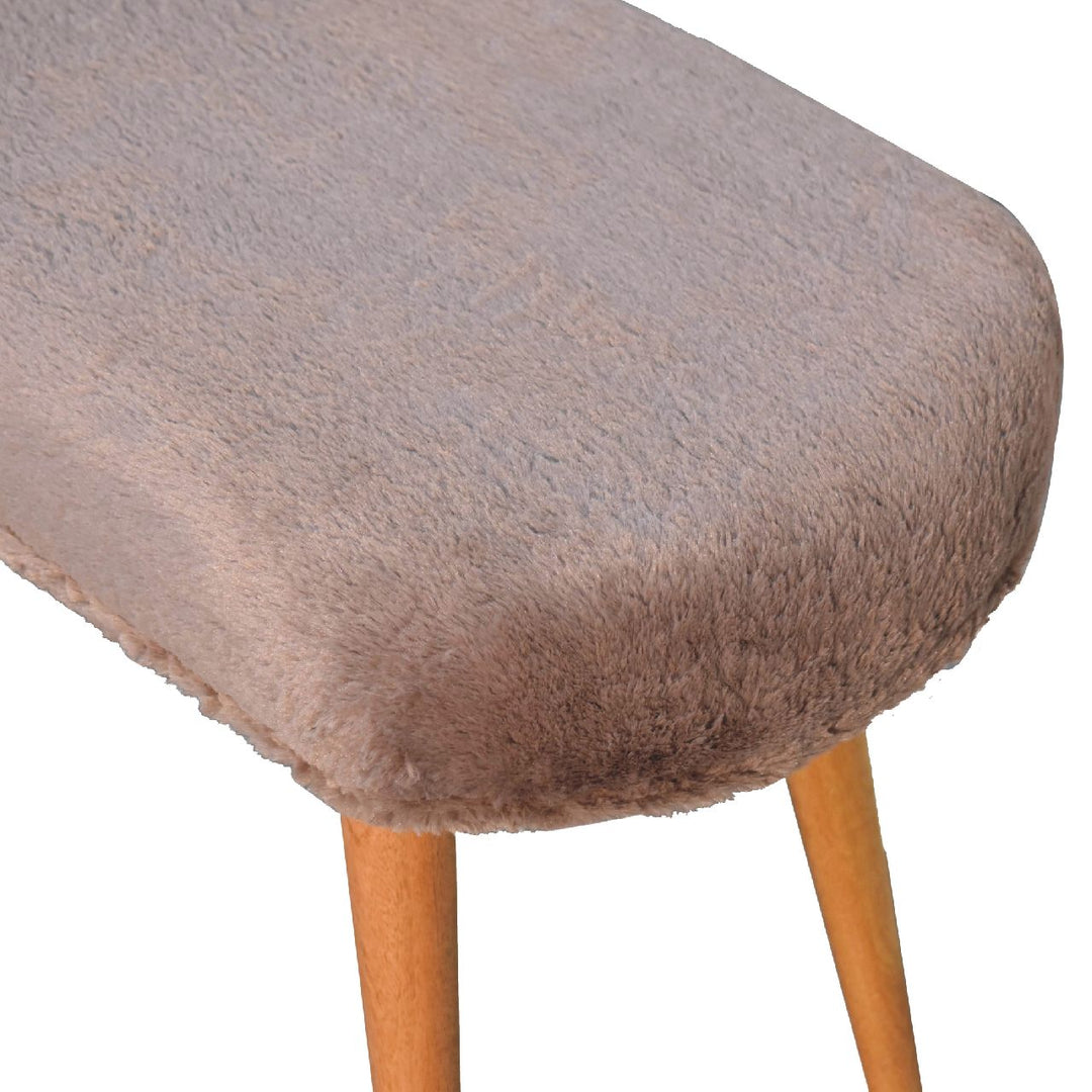 Solid Wood Faux Fur Fabric Bench, Upholstered, Nordic Legs, Mocha and Brown