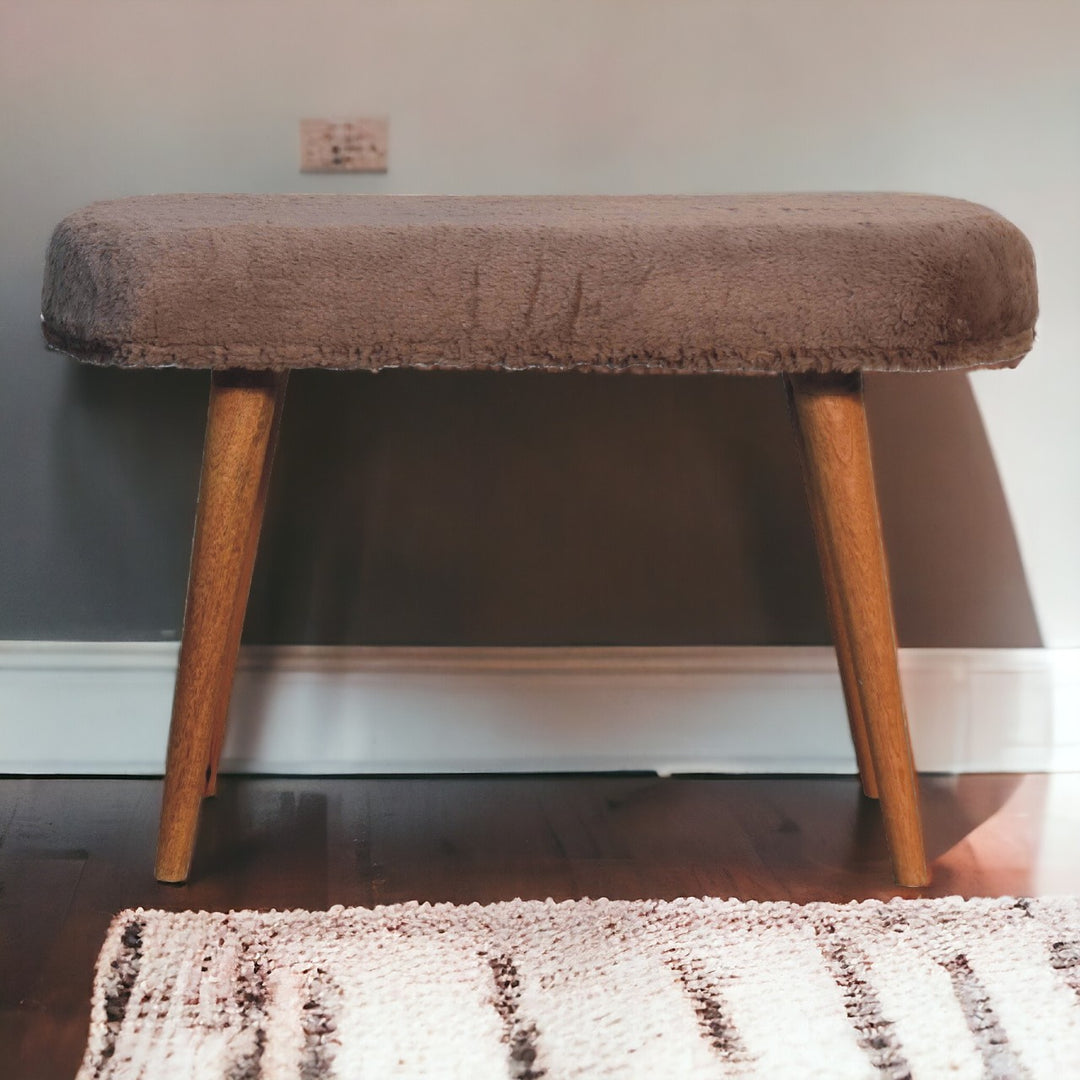 Solid Wood Faux Fur Fabric Bench, Upholstered, Nordic Legs, Mocha and Brown