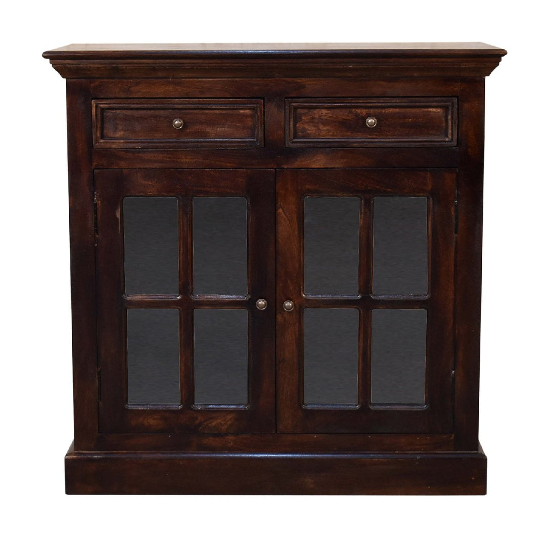 Solid Wood Light Walnut Cabinet with Glazed Doors, 2-Drawers, 2-Shelves, Dark Brown