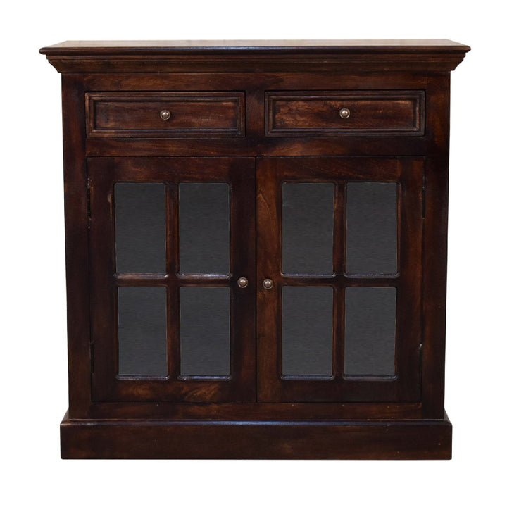 Solid Wood Light Walnut Cabinet with Glazed Doors, 2-Drawers, 2-Shelves, Dark Brown
