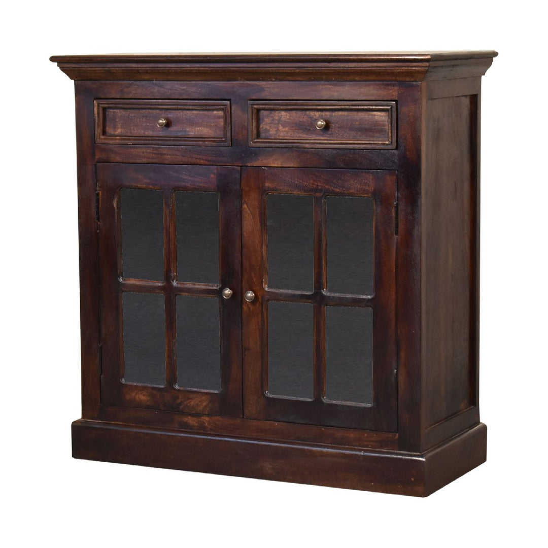 Solid Wood Light Walnut Cabinet with Glazed Doors, 2-Drawers, 2-Shelves, Dark Brown