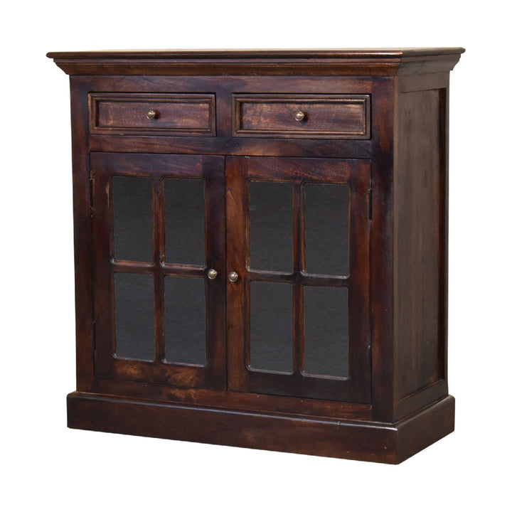 Solid Wood Light Walnut Cabinet with Glazed Doors, 2-Drawers, 2-Shelves, Dark Brown