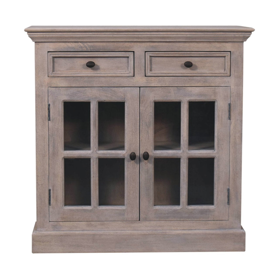 Solid Wood Stone Finish Cabinet with Glazed Doors, 2-Drawers, 2 Open Shelves, Gray Wash