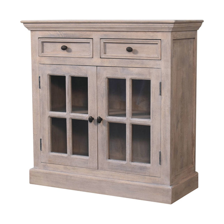 Solid Wood Stone Finish Cabinet with Glazed Doors, 2-Drawers, 2 Open Shelves, Gray Wash