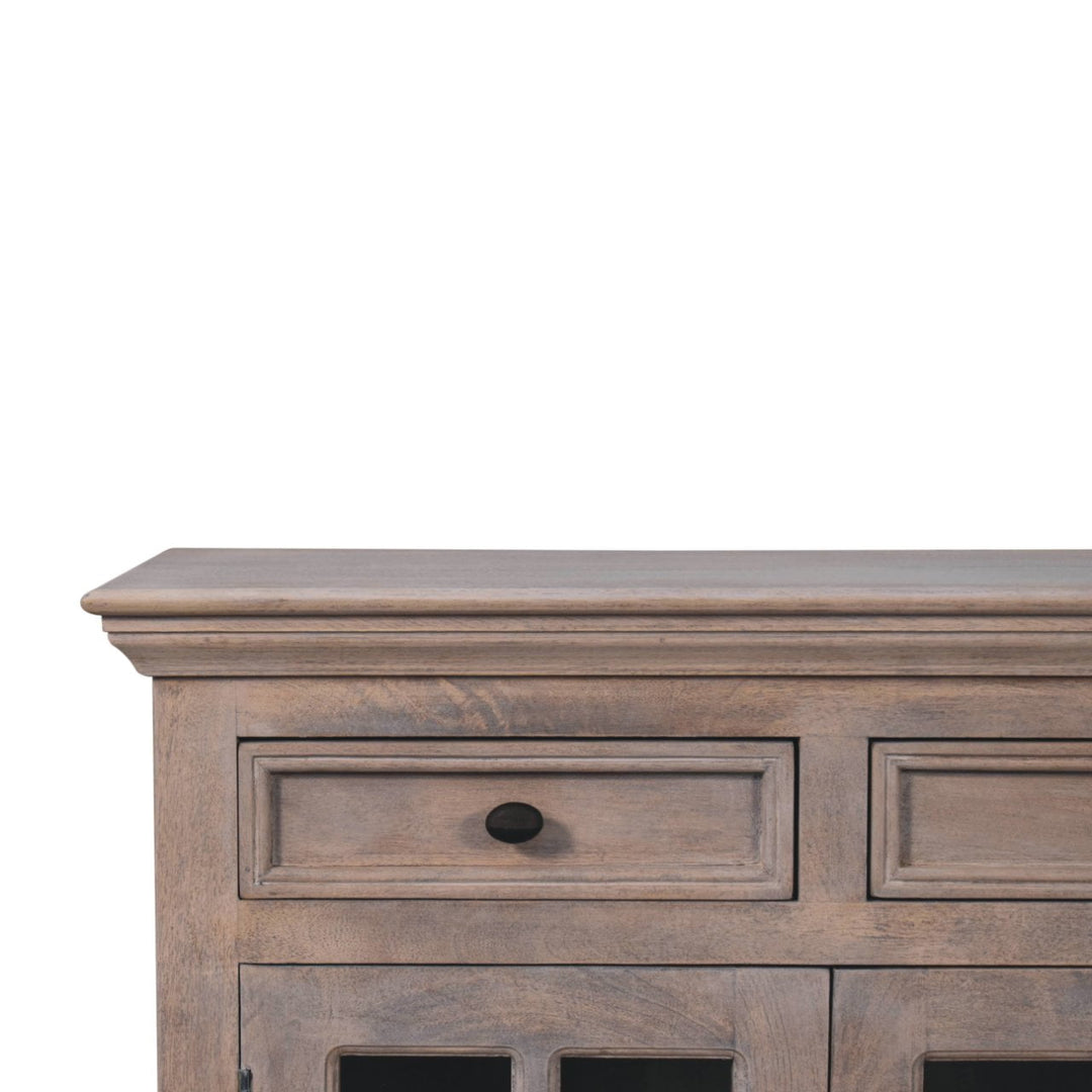 Solid Wood Stone Finish Cabinet with Glazed Doors, 2-Drawers, 2 Open Shelves, Gray Wash