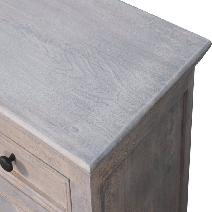 Solid Wood Stone Finish Cabinet with Glazed Doors, 2-Drawers, 2 Open Shelves, Gray Wash