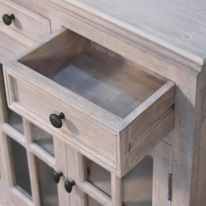 Solid Wood Stone Finish Cabinet with Glazed Doors, 2-Drawers, 2 Open Shelves, Gray Wash