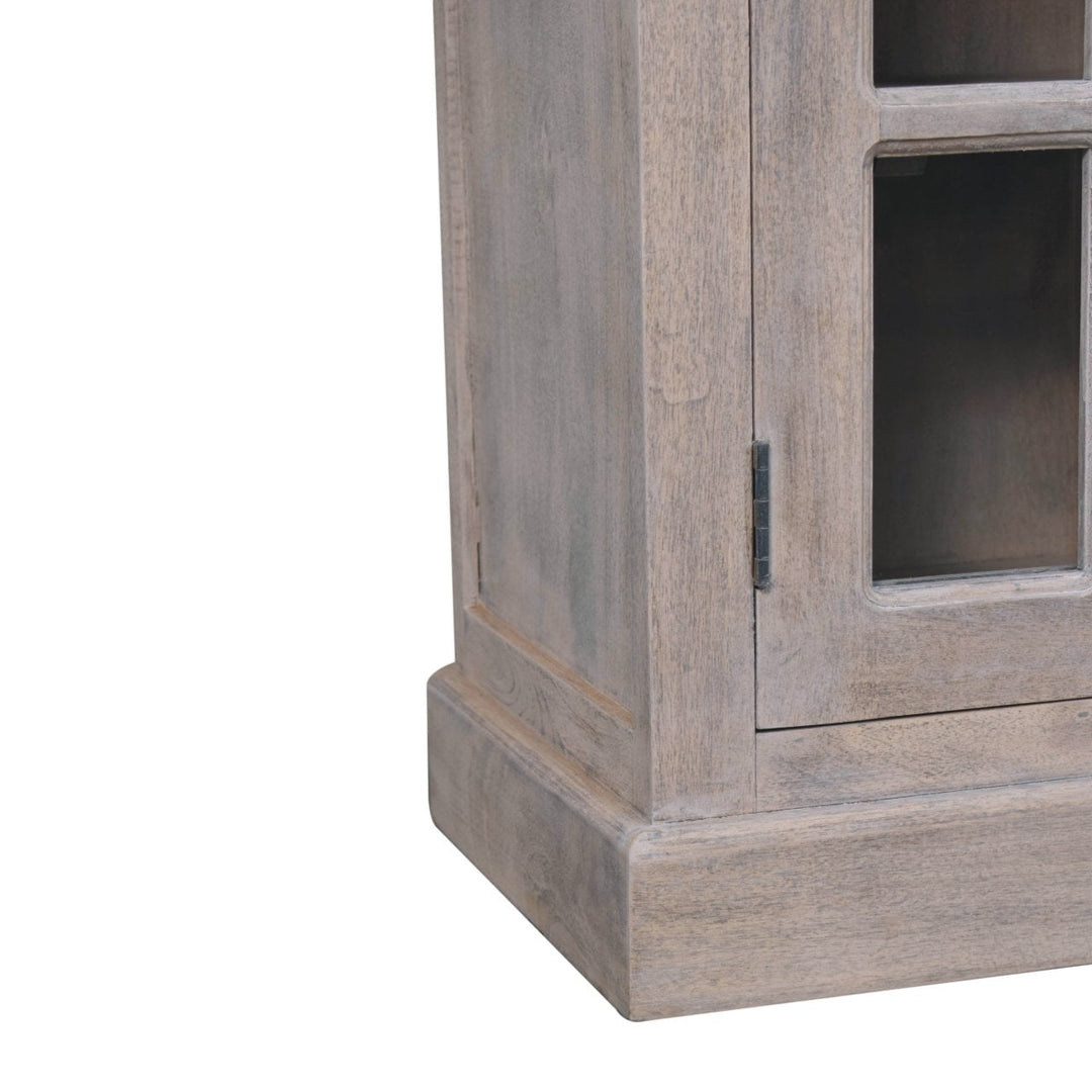 Solid Wood Stone Finish Cabinet with Glazed Doors, 2-Drawers, 2 Open Shelves, Gray Wash