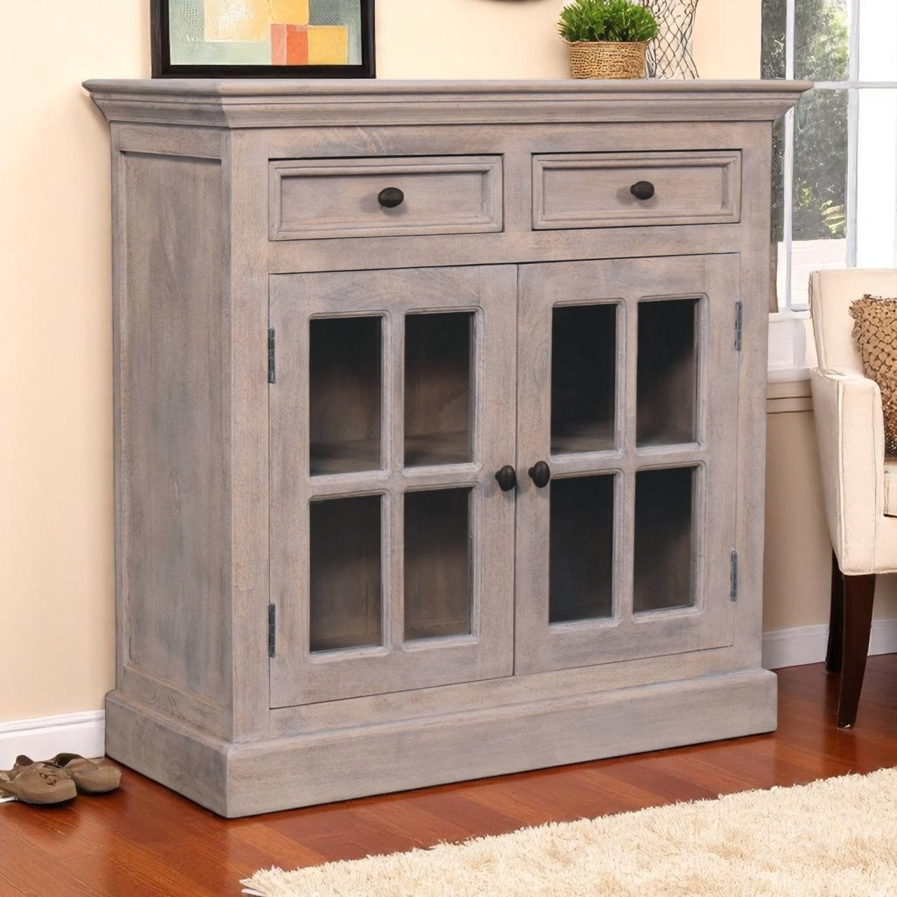 Solid Wood Stone Finish Cabinet with Glazed Doors, 2-Drawers, 2 Open S ...