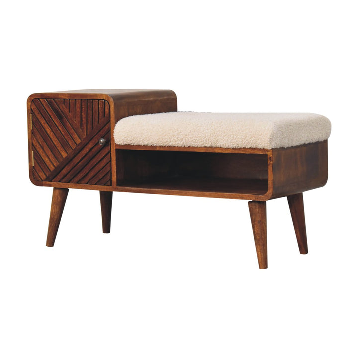 Solid Wood Carved Telephone Table, Boucle Upholstered, Chestnut, Beige and Brown