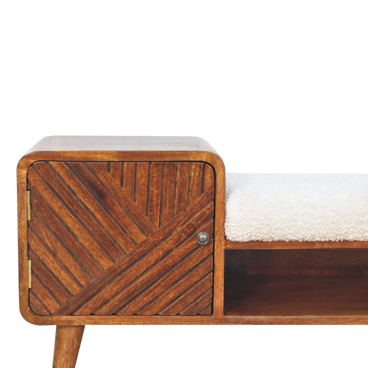Solid Wood Carved Telephone Table, Boucle Upholstered, Chestnut, Beige and Brown