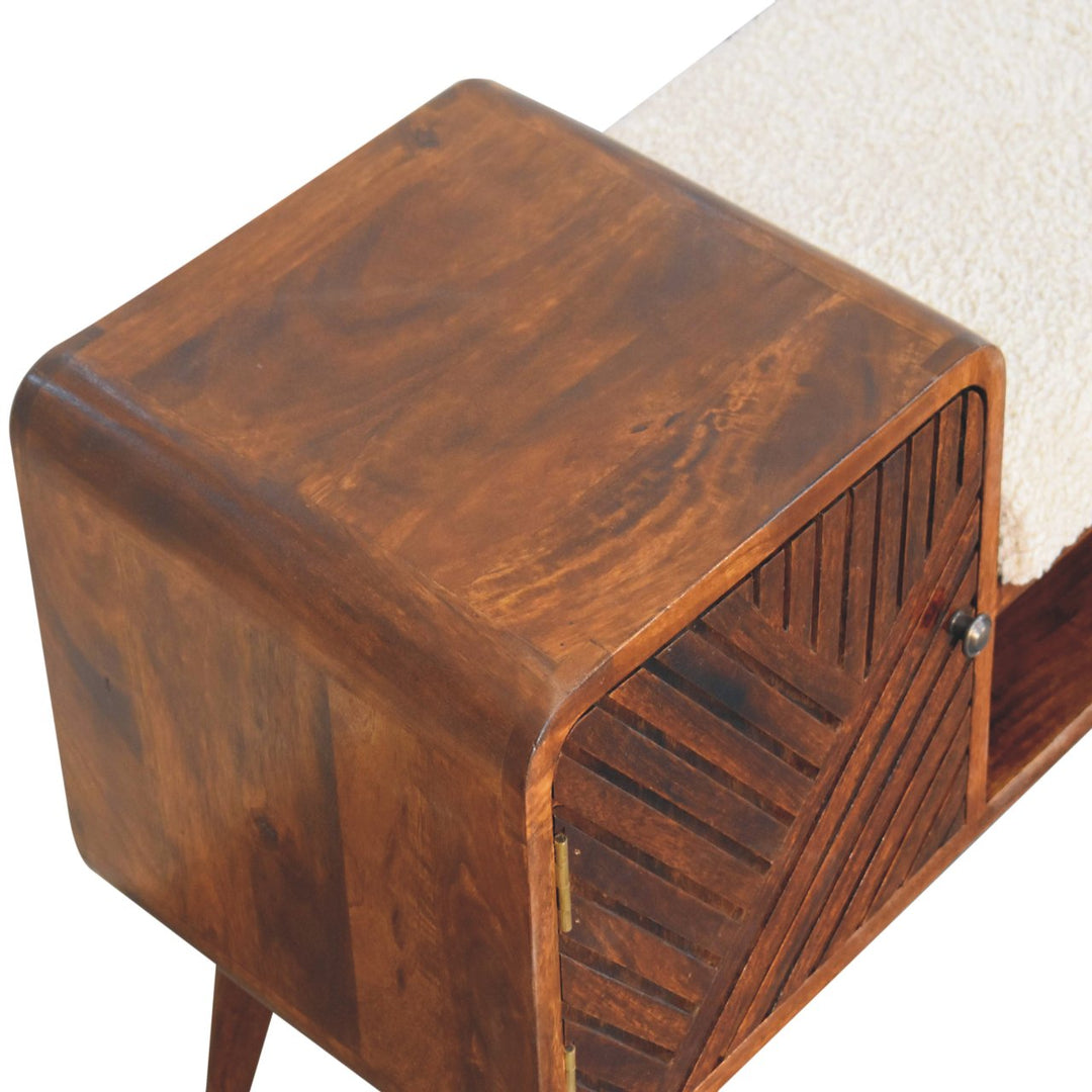 Solid Wood Carved Telephone Table, Boucle Upholstered, Chestnut, Beige and Brown