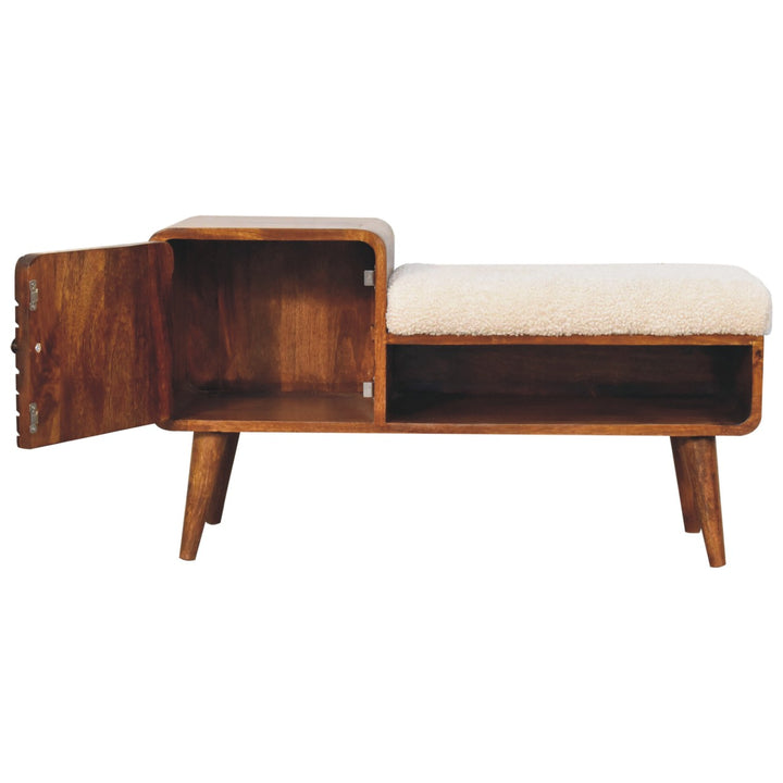 Solid Wood Carved Telephone Table, Boucle Upholstered, Chestnut, Beige and Brown