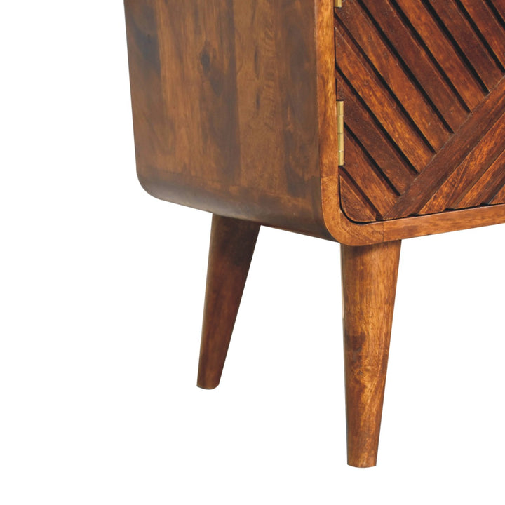Solid Wood Carved Telephone Table, Boucle Upholstered, Chestnut, Beige and Brown