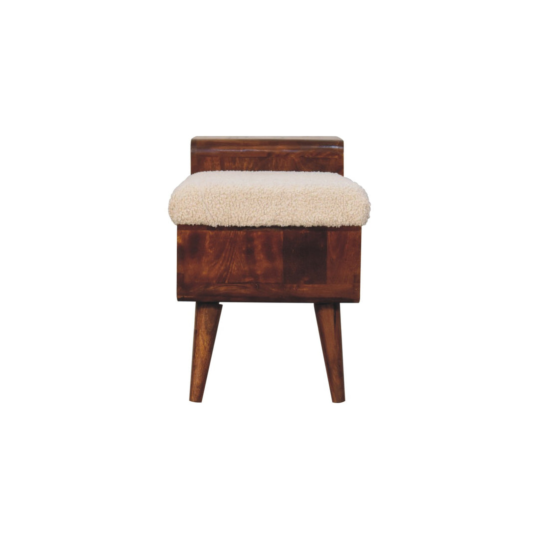 Solid Wood Carved Telephone Table, Boucle Upholstered, Chestnut, Beige and Brown