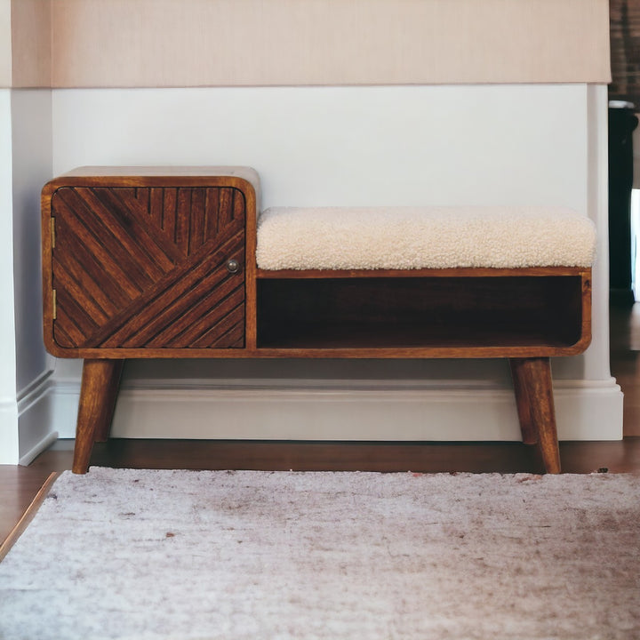 Solid Wood Carved Telephone Table, Boucle Upholstered, Chestnut, Beige and Brown