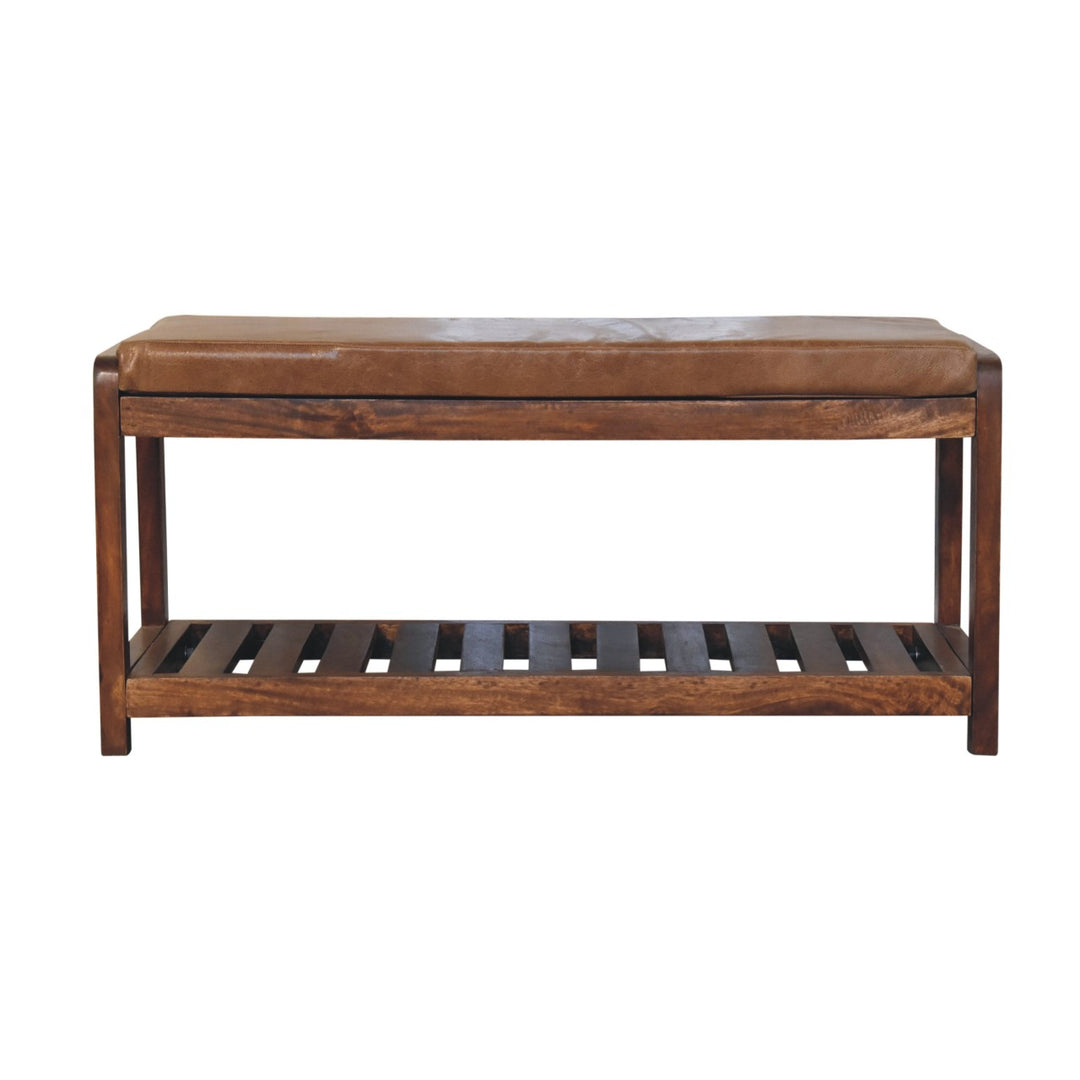 Solid Wood Buffalo Slatted Hallway Bench, Leather-Upholstered, Tan and Brown