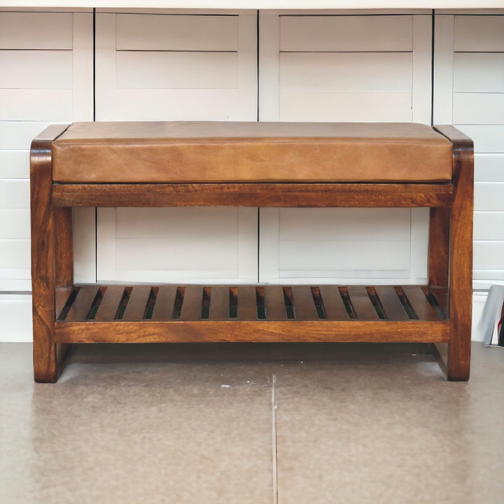 Solid Wood Buffalo Slatted Hallway Bench, Leather-Upholstered, Tan and Brown