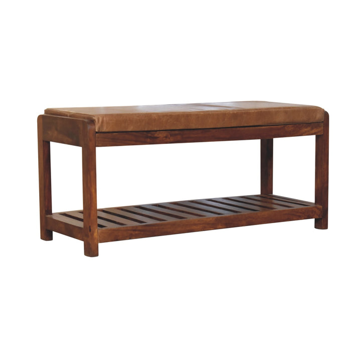 Solid Wood Buffalo Slatted Hallway Bench, Leather-Upholstered, Tan and Brown