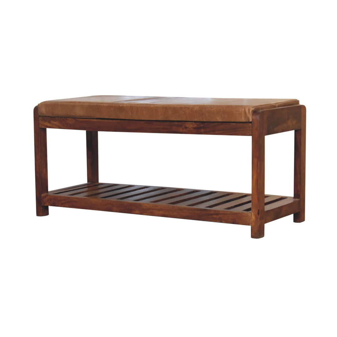 Solid Wood Buffalo Slatted Hallway Bench, Leather-Upholstered, Tan and Brown