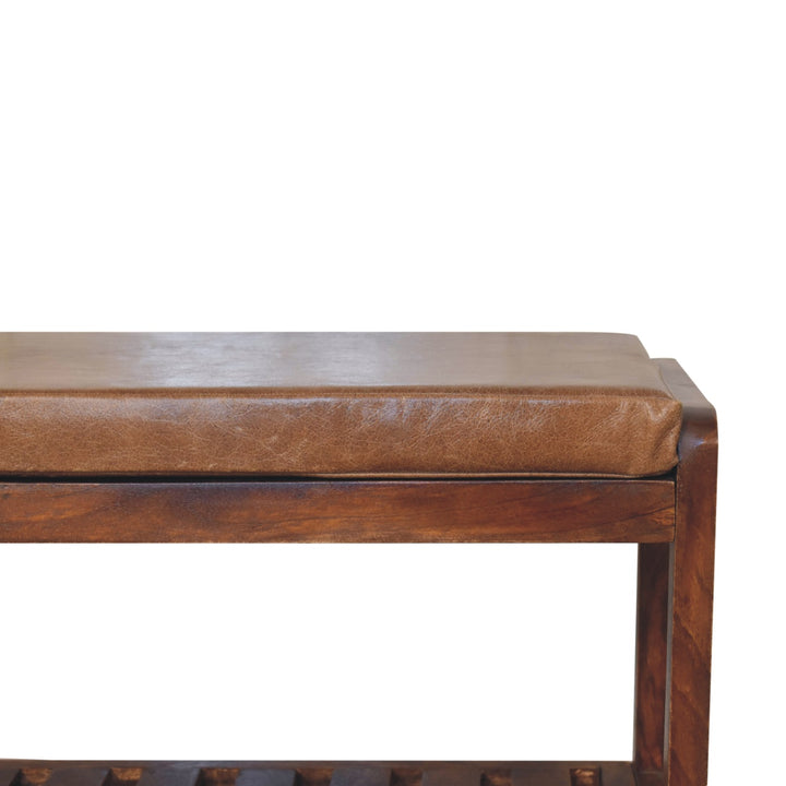 Solid Wood Buffalo Slatted Hallway Bench, Leather-Upholstered, Tan and Brown