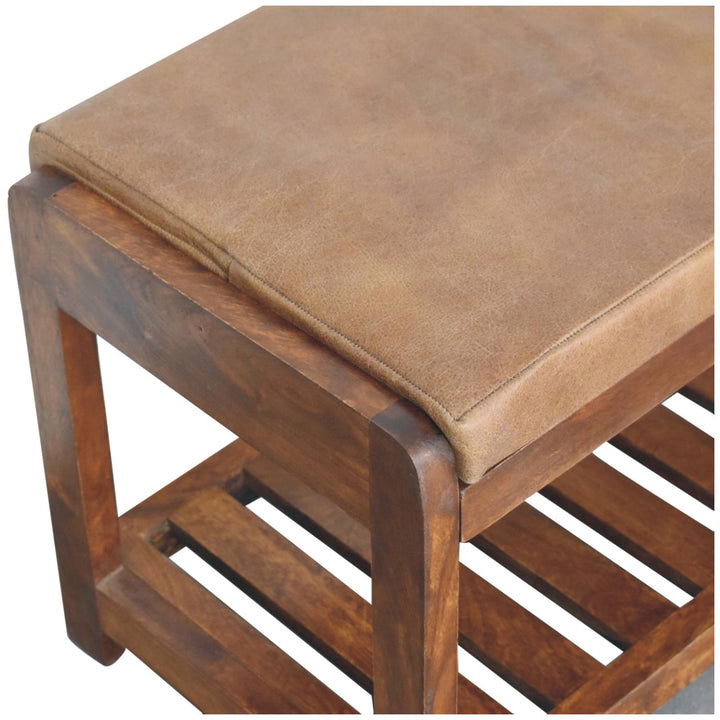 Solid Wood Buffalo Slatted Hallway Bench, Leather-Upholstered, Tan and Brown