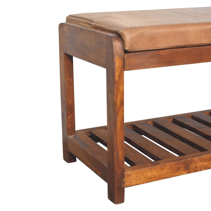 Solid Wood Buffalo Slatted Hallway Bench, Leather-Upholstered, Tan and Brown