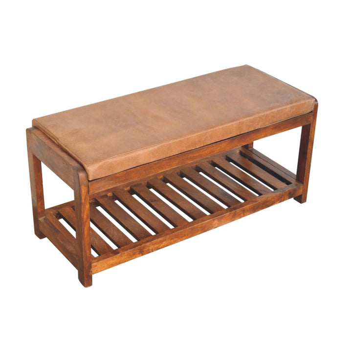 Solid Wood Buffalo Slatted Hallway Bench, Leather-Upholstered, Tan and Brown