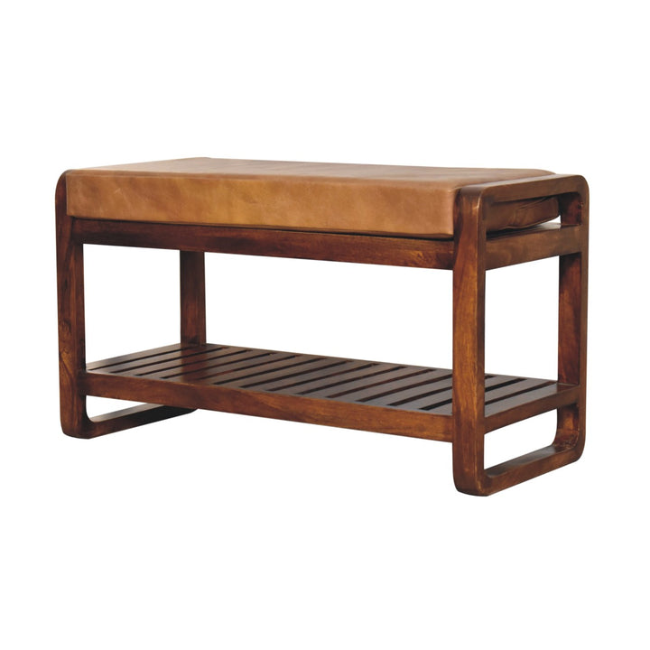 Solid Wood Small Buffalo Slatted Bench, Leather Upholstered, Open Storage, Tan and Brown