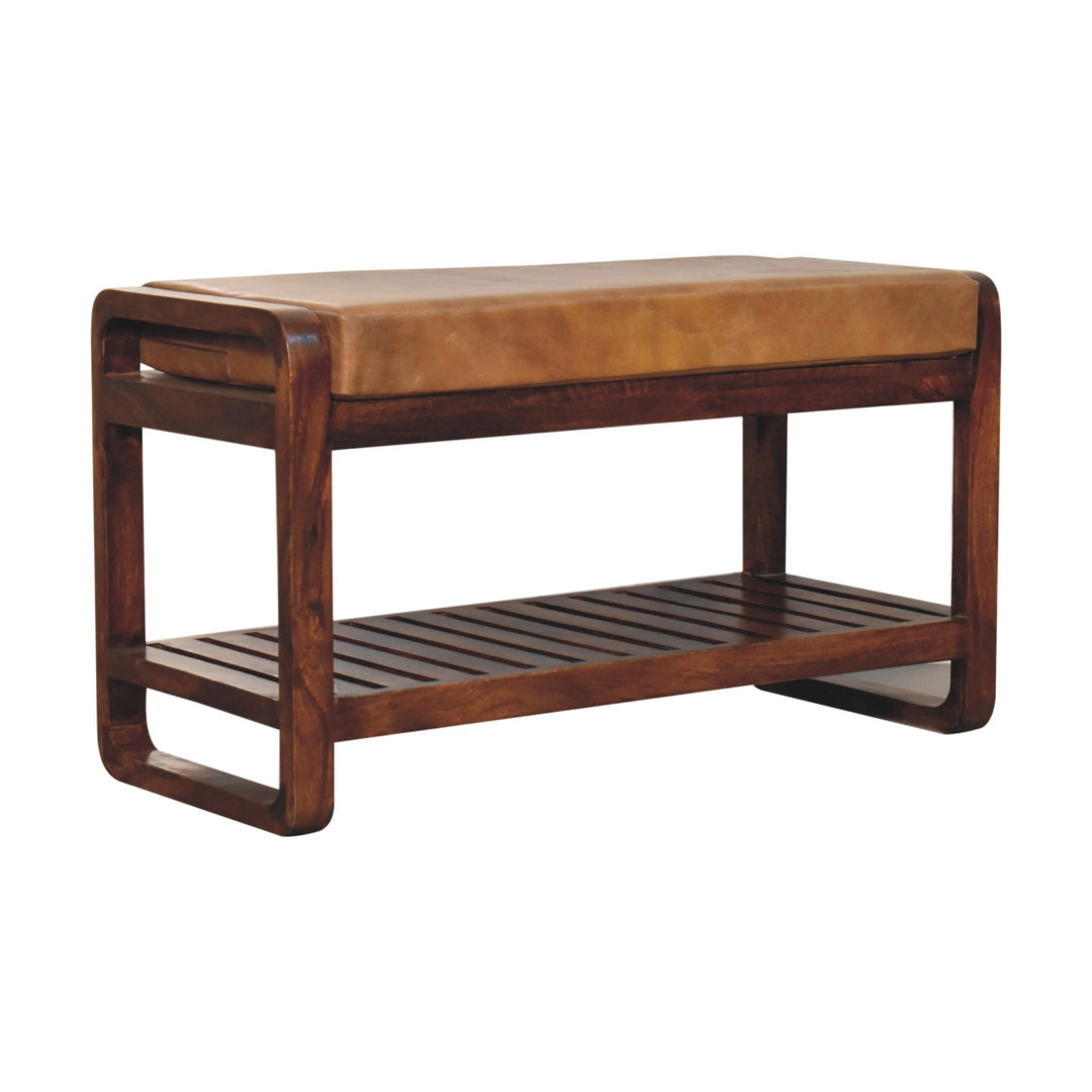 Solid Wood Small Buffalo Slatted Bench, Leather Upholstered, Open Storage, Tan and Brown