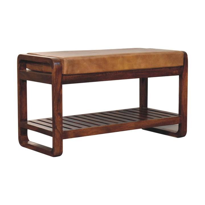 Solid Wood Small Buffalo Slatted Bench, Leather Upholstered, Open Storage, Tan and Brown