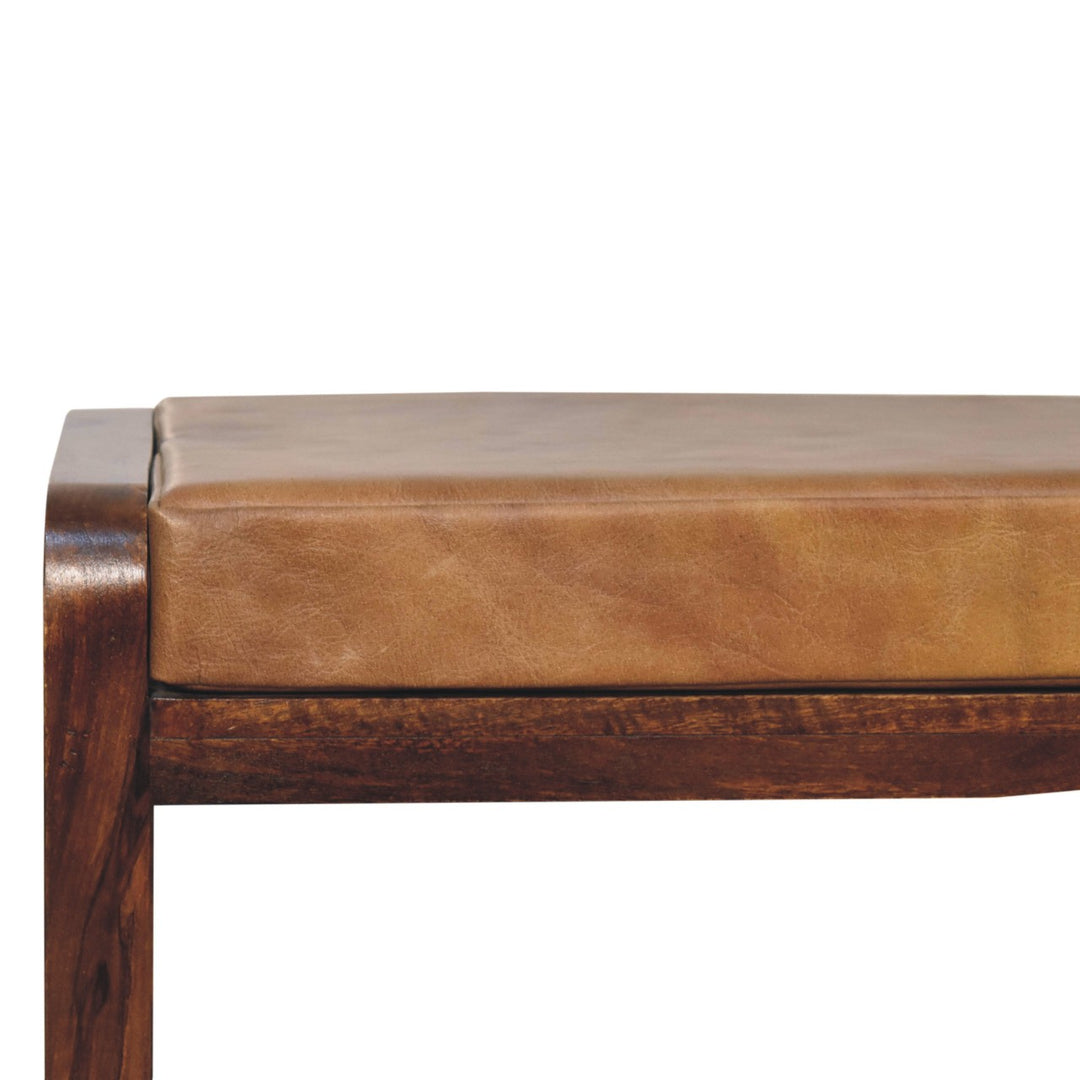 Solid Wood Small Buffalo Slatted Bench, Leather Upholstered, Open Storage, Tan and Brown