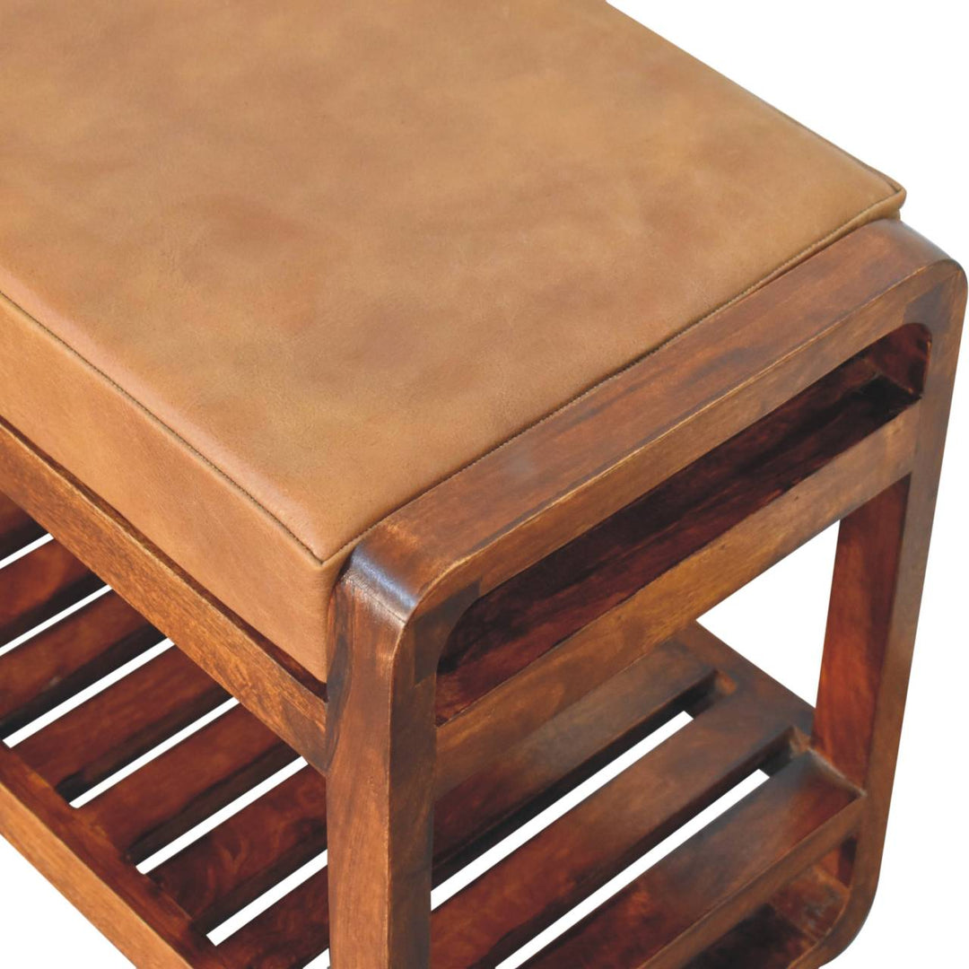 Solid Wood Small Buffalo Slatted Bench, Leather Upholstered, Open Storage, Tan and Brown