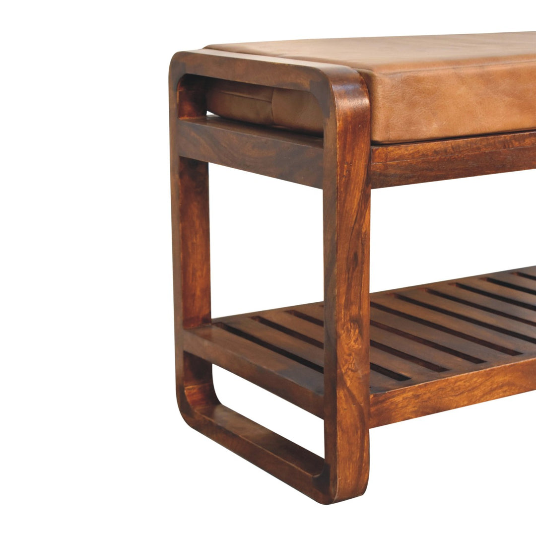 Solid Wood Small Buffalo Slatted Bench, Leather Upholstered, Open Storage, Tan and Brown