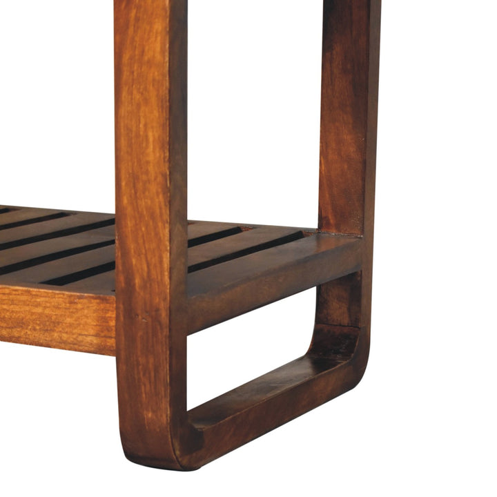 Solid Wood Small Buffalo Slatted Bench, Leather Upholstered, Open Storage, Tan and Brown
