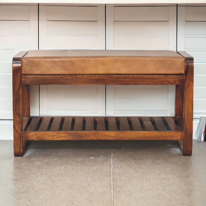 Solid Wood Small Buffalo Slatted Bench, Leather Upholstered, Open Storage, Tan and Brown