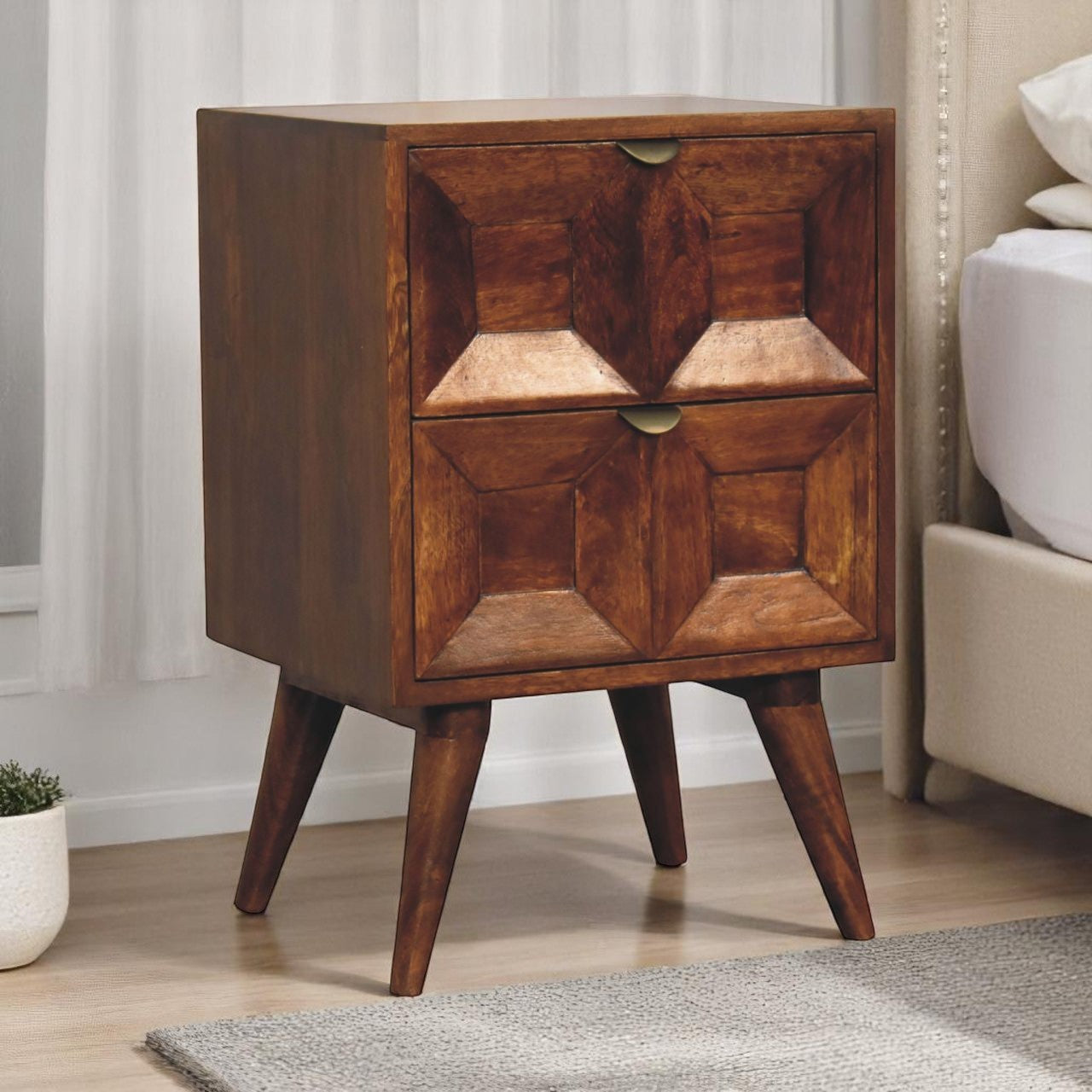Solid Wood Quad Nightstand, 2-Drawers, Dark Brown | ExpoBazaar