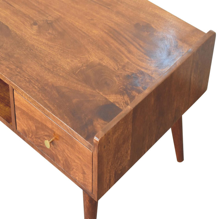 Elevated Chestnut Media Unit, 2-Drawers, 1 Open-Slot, Nordic Legs, Dark Brown