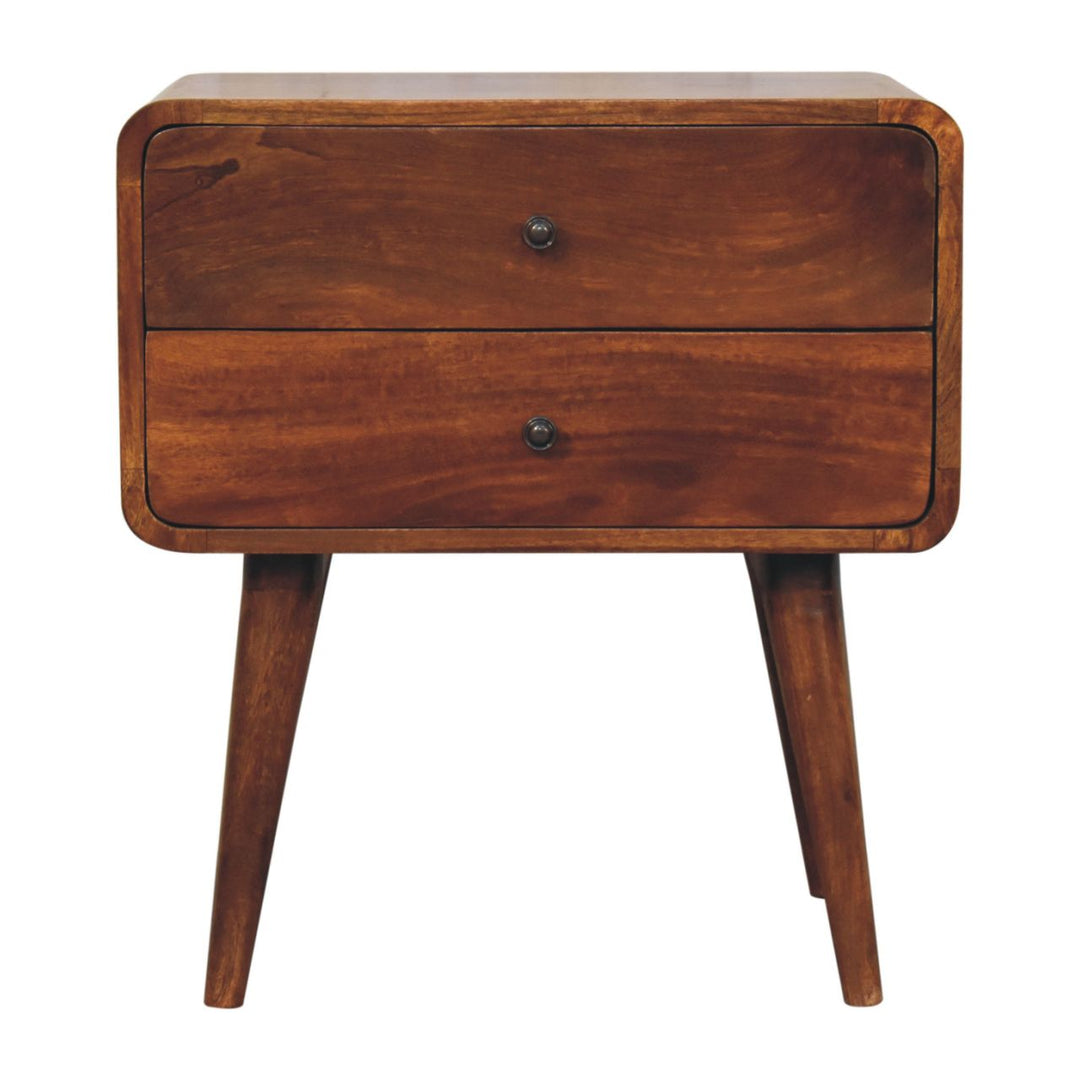 Solid Wood Large Curved Chestnut Bedside, 2 Drawers, Nordic Legs, Dark Brown