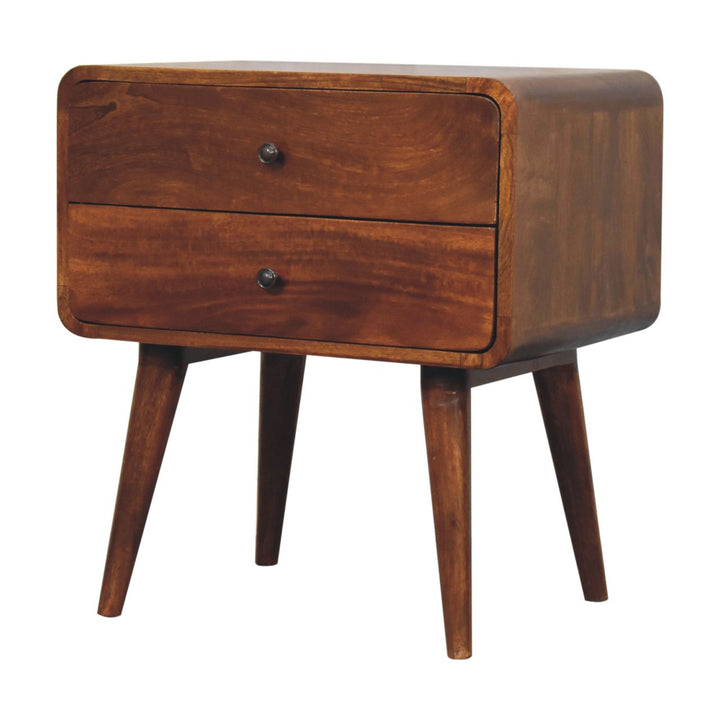 Solid Wood Large Curved Chestnut Bedside, 2 Drawers, Nordic Legs, Dark Brown