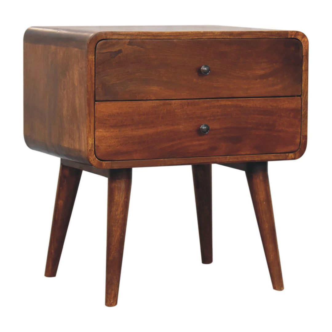 Solid Wood Large Curved Chestnut Bedside, 2 Drawers, Nordic Legs, Dark Brown