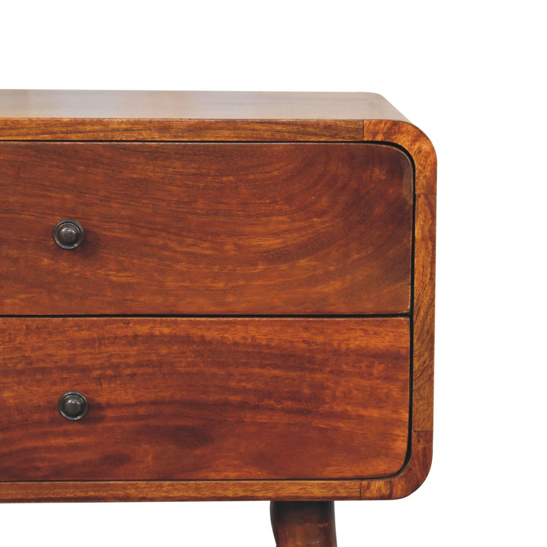Solid Wood Large Curved Chestnut Bedside, 2 Drawers, Nordic Legs, Dark Brown