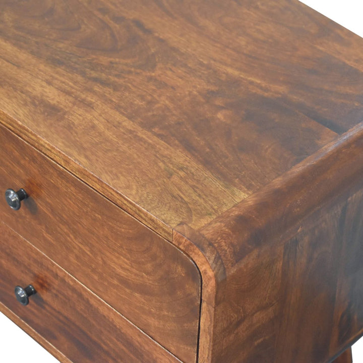 Solid Wood Large Curved Chestnut Bedside, 2 Drawers, Nordic Legs, Dark Brown