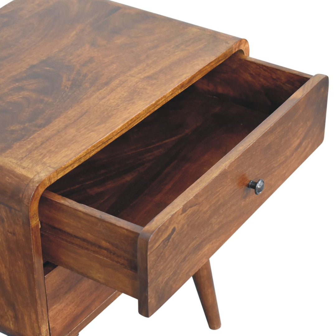 Solid Wood Large Curved Chestnut Bedside, 2 Drawers, Nordic Legs, Dark Brown