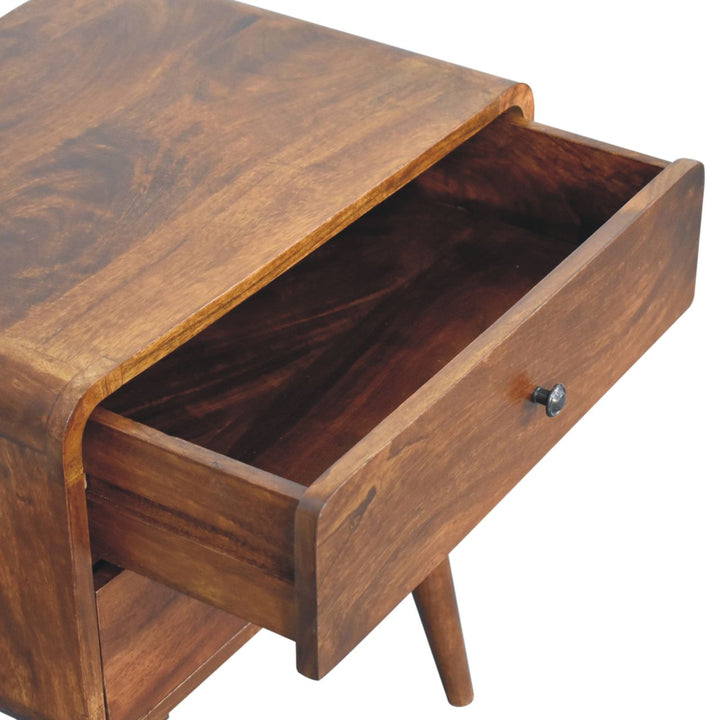 Solid Wood Large Curved Chestnut Bedside, 2 Drawers, Nordic Legs, Dark Brown