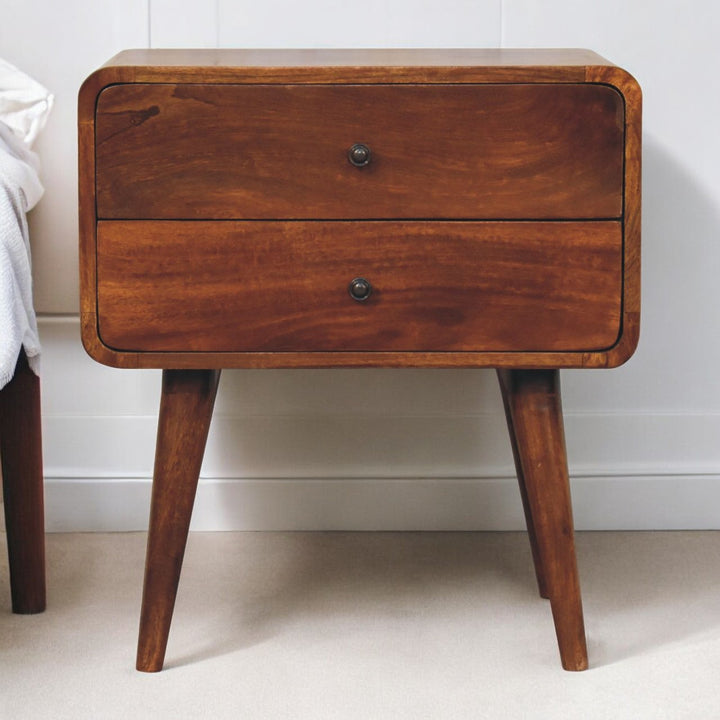 Solid Wood Large Curved Chestnut Bedside, 2 Drawers, Nordic Legs, Dark Brown