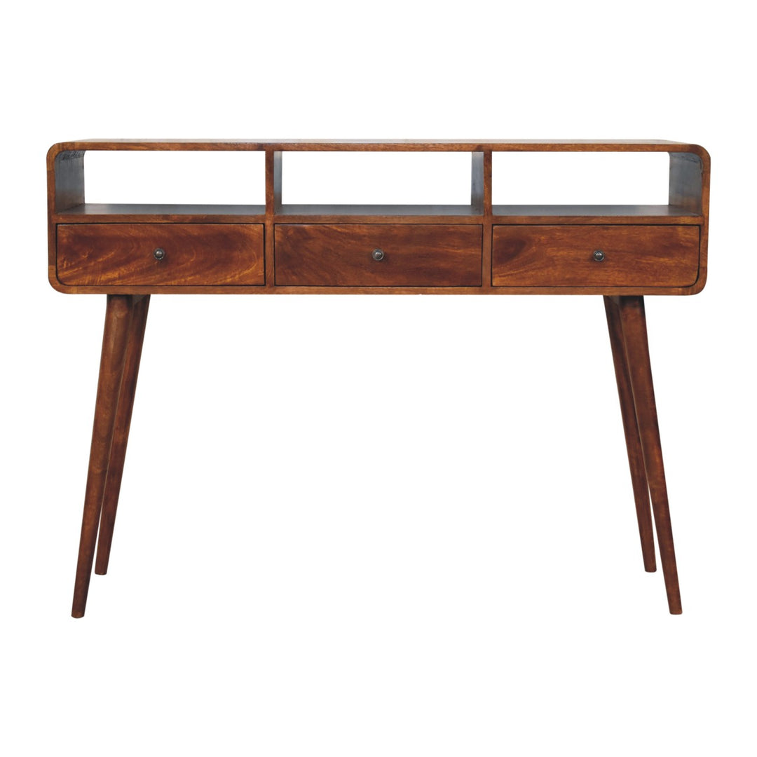 Solid Wood Triple Curved Chestnut Console Table, 3-Drawers, 3 Open Slots, Nordic Legs, Brown