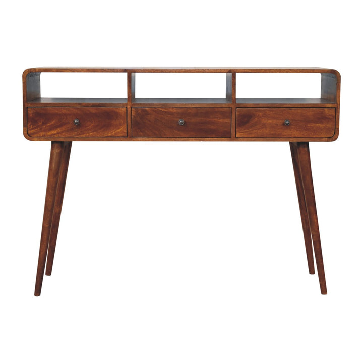 Solid Wood Triple Curved Chestnut Console Table, 3-Drawers, 3 Open Slots, Nordic Legs, Brown